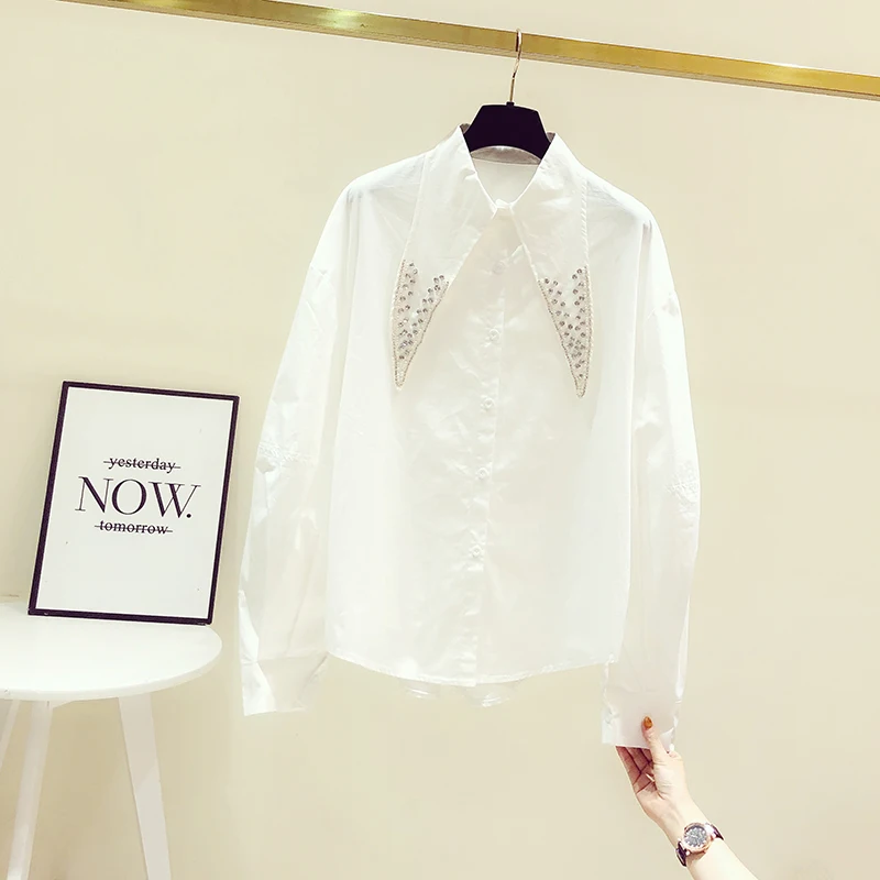 Женская рубашка с длинным рукавом белая свободная универсальная простая блузка