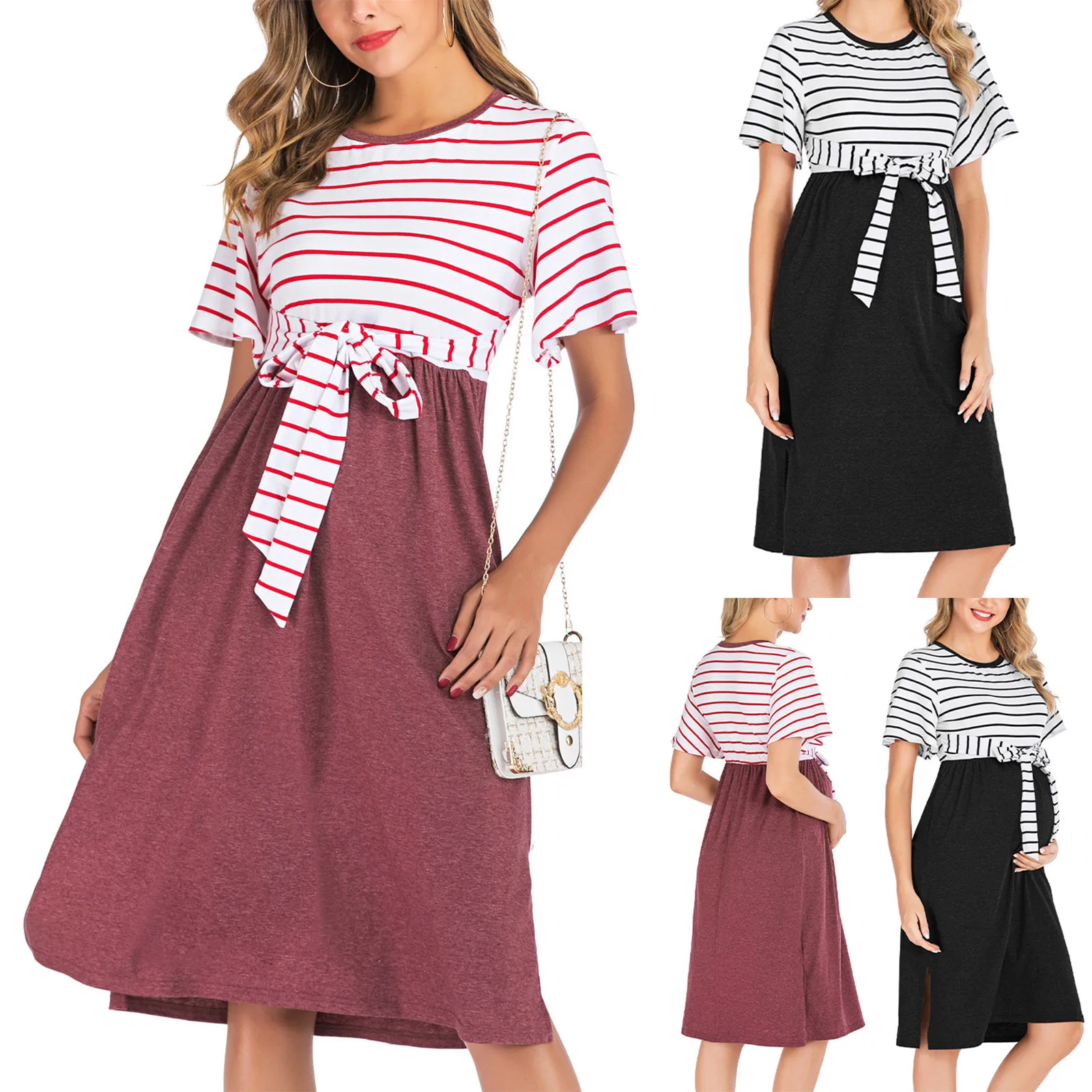 

Pregnancy Dress Women O-neck Short-Sleeve Striped Stitching Dress For Pregnant Ladies Fashion Summer Thin Maternity Dresses