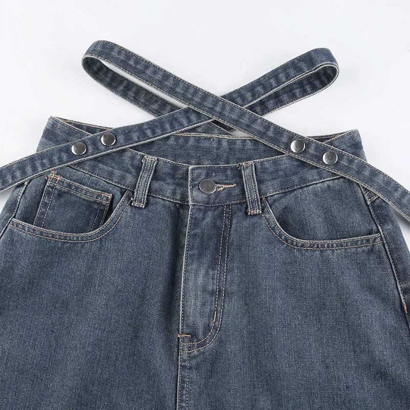 

2021 Women Jeans Blue Elegant Loose Bandage Straight Pants Ripped Hole Casual High Waist Denim Pants For Femme Mujer Streetwear