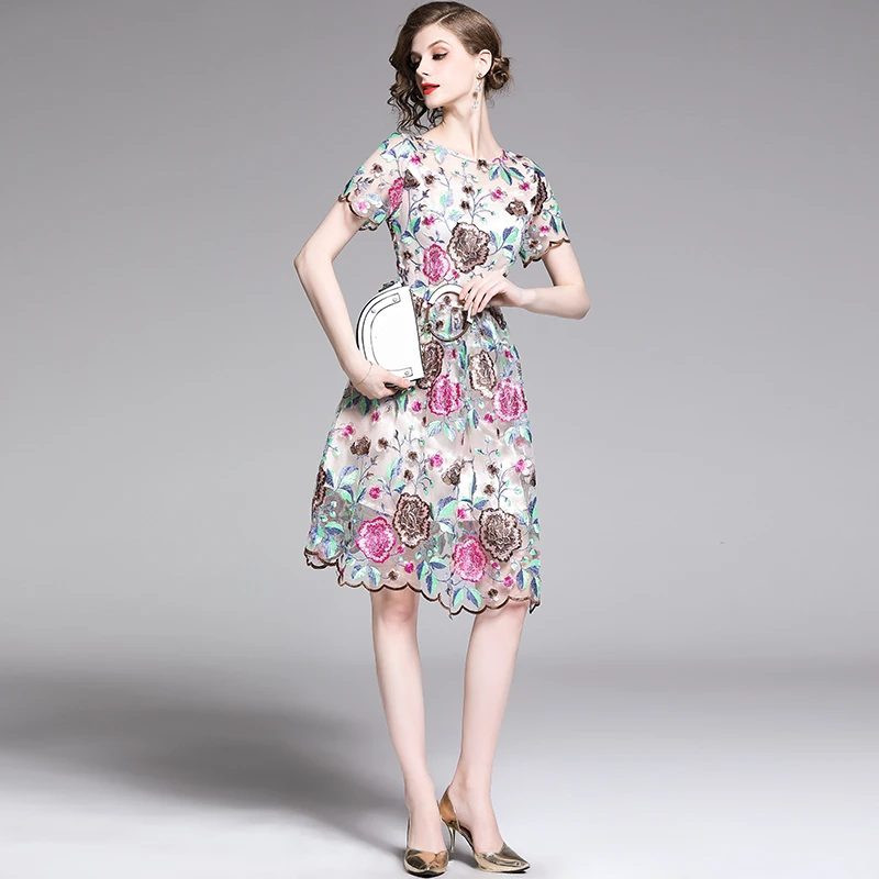 

High Quality Flower Embroidery Mesh Dress Runway Designers Women Vintage Clothes Short Sleeve Robe Femme Celebrity Party Vestido