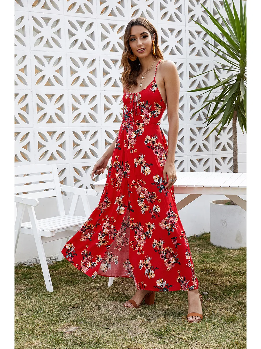 

New Summer Hot Sexy Red Female Beach Dress V Neck Print Floral Sling High Split Backless Long Casual Dresses 2711