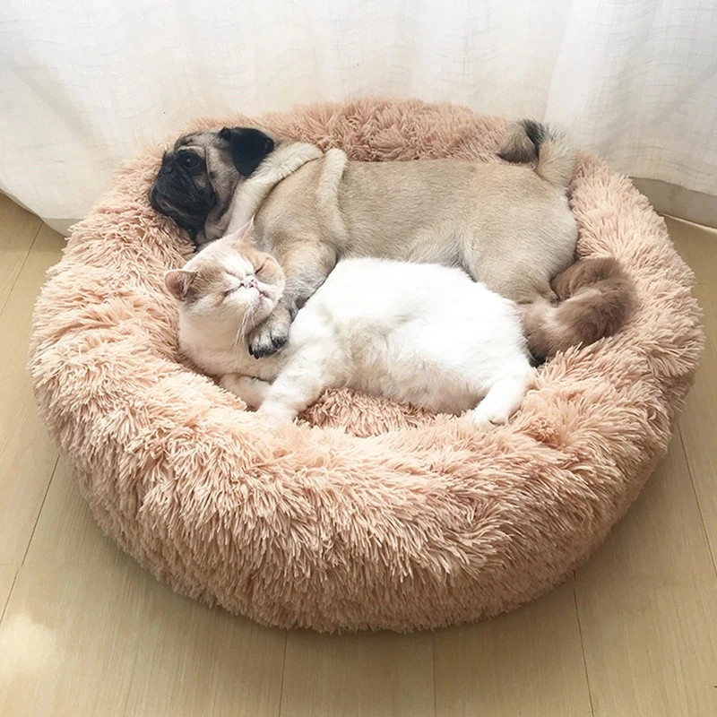 

Супермягкая кровать для питомца, круглая теплая зимняя кровать для собаки и кошки, длинный плюшевый большой коврик для щенка, переносные пр...