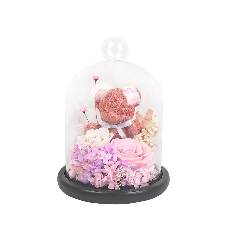 

2021 Rose Bear Pink Mini Bear Rose in Glass Dome Night Light Beauty And The Beast Romantic Valentine's Day Mother's Day Gifts