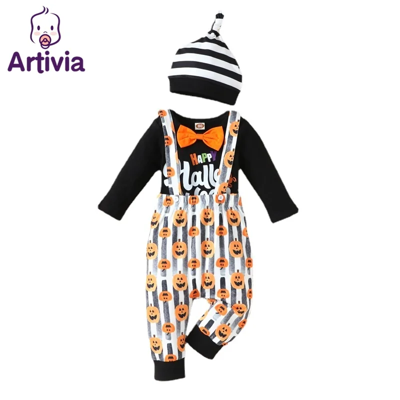 

Newborn Kids Boy Romper Autumn Round Neck Long Sleeve Pumpkin Head Printed Overalls 3 Pcs Baby Halloween Party Clothing Suits