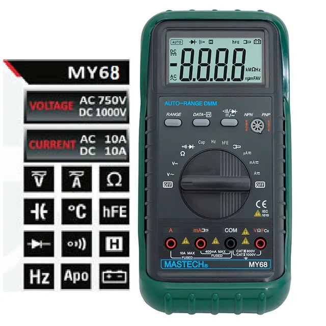 MASTECH MY68 цифровой мультиметр Электронный ручной мультиметр 3 3/4 ЖК-дисплей 3999 отсчетов Автоматический диапазон AC DC Цифровой мультитестер