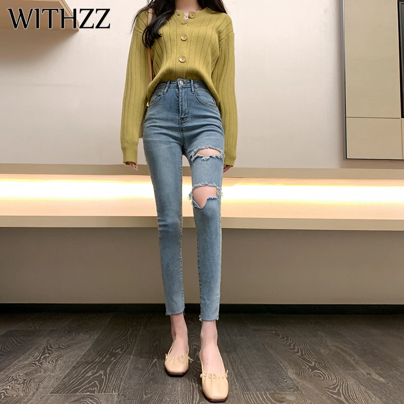 

Женские обтягивающие джинсы с высокой талией WITHZZ, Синие рваные джинсы с дырками на весну и осень, узкие брюки, женские джинсы