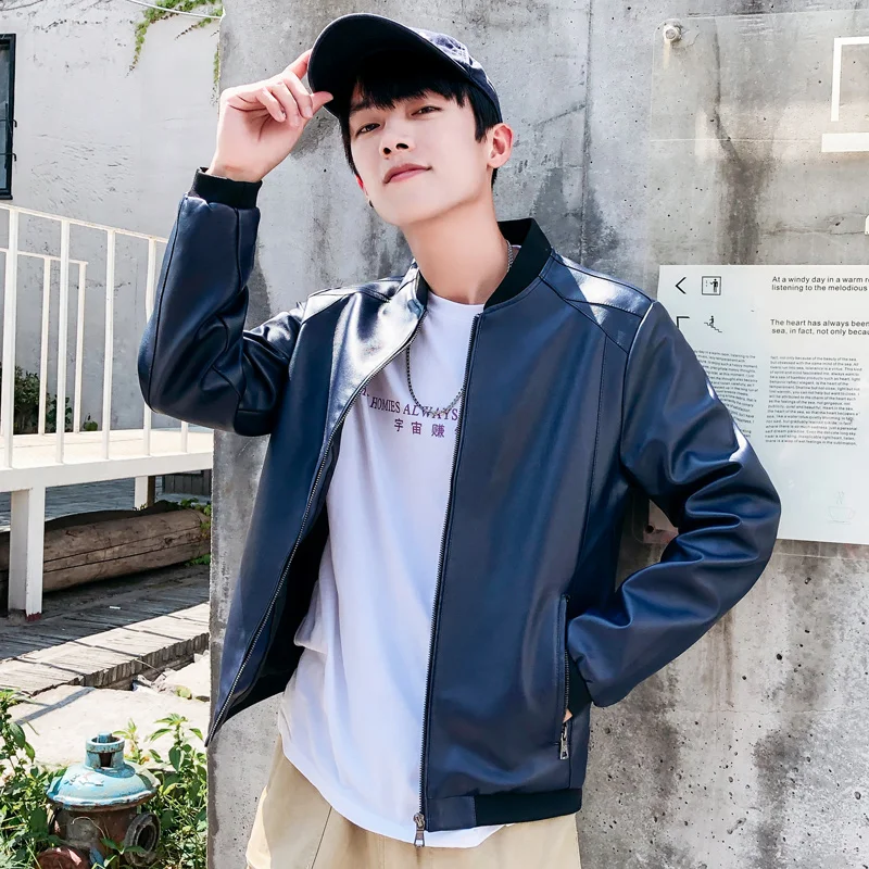 Мужская повседневная куртка из натуральной кожи синяя мотоциклетная с