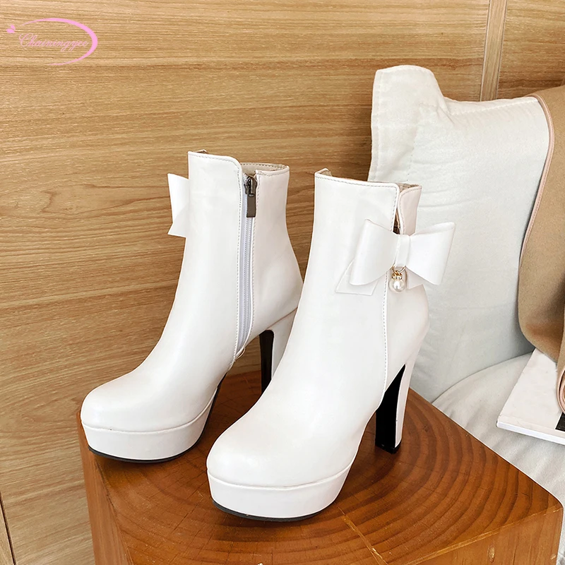 

Simple style comfortable round toe ankle boots bowknot platform zipper beaded high heel stiletto riding boots women's shoes