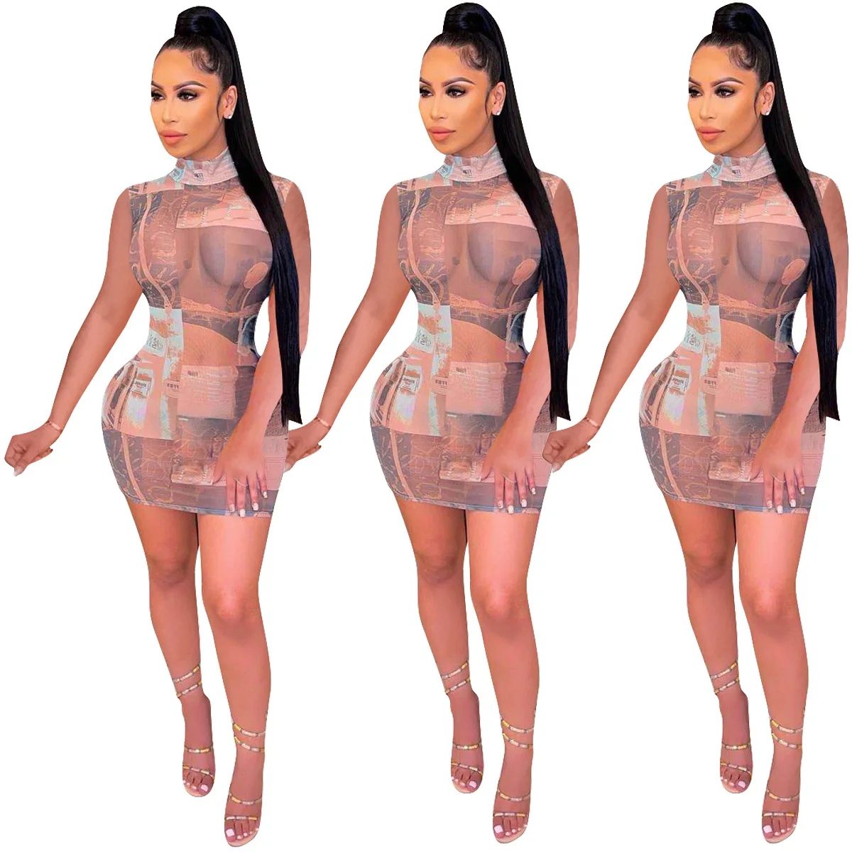 

Ursuper 2021 Summer Fashion Tight Casual Women's Clothing Printed Mesh Sexy Slimming Dress