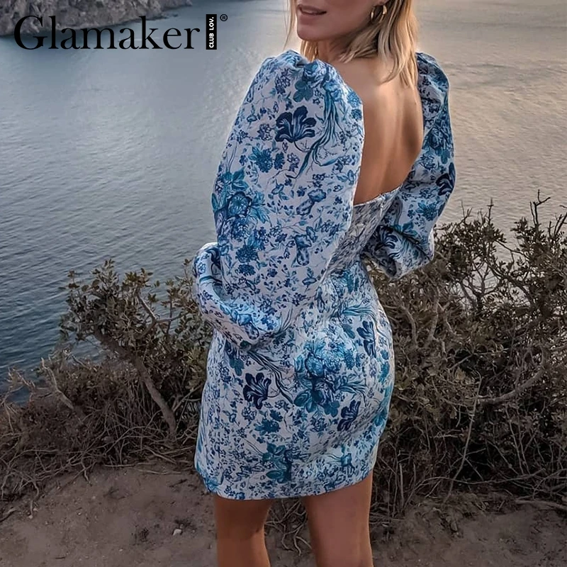 Glamaker/Короткие вечерние платья с цветочным принтом, женское элегантное платье с квадратным вырезом и пышными рукавами, Осеннее облегающее Клубное женское мини-платье