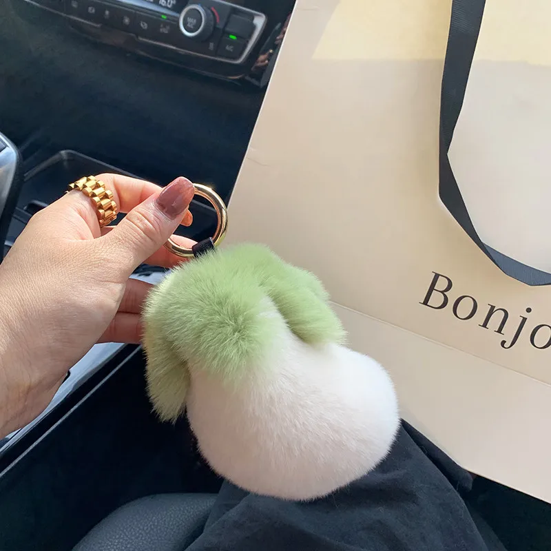 12cm Real Rex Rabbit Fur Keychain Pompom Ball Cute little eggplant Fluffy Keyring Handbag Car Pendant Metal Ring Gift | Украшения и