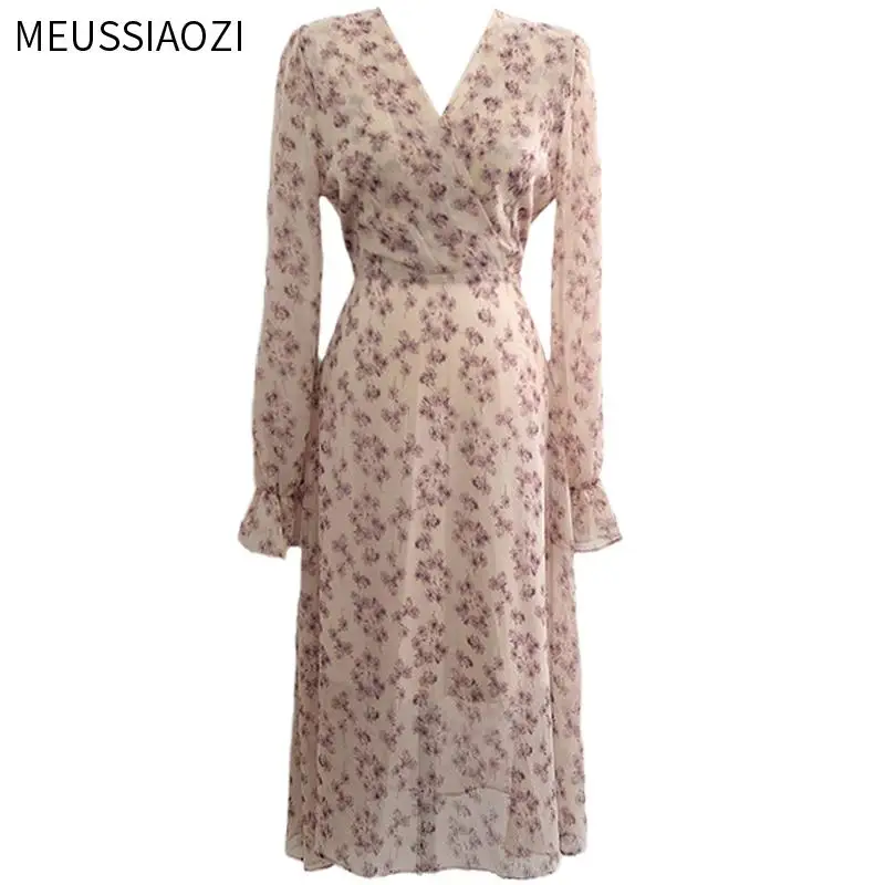 

Summer Vintage Korean Dress Women V-Neck Chiffon Floral High Waist Lace Up French Elegant Vintage Sweet Ladies Midi Dresses