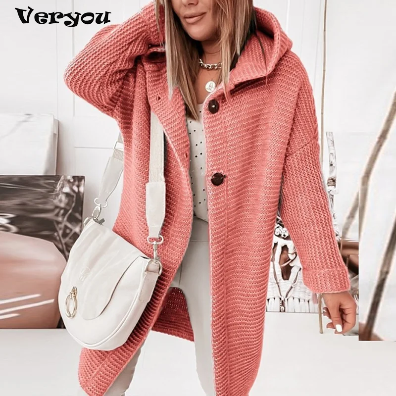 Winter Women's Knitted Cardian Sweater Hoodies Ladies Long Sleeve Solid Loose Button Tops Soft Oversized Femme Long Sweater New