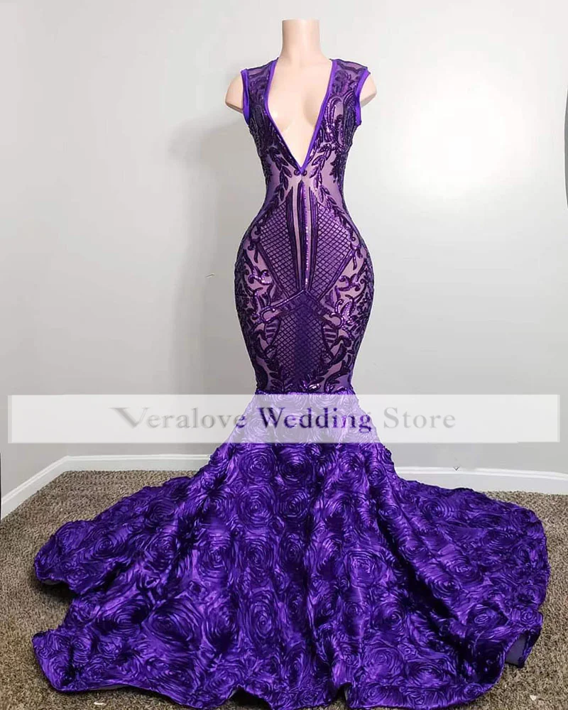 

Purple Sequins Prom Dresses for Black Girls V Neck Appliques Cocktail Party Gowns African Vestidos Evening Dress Custom
