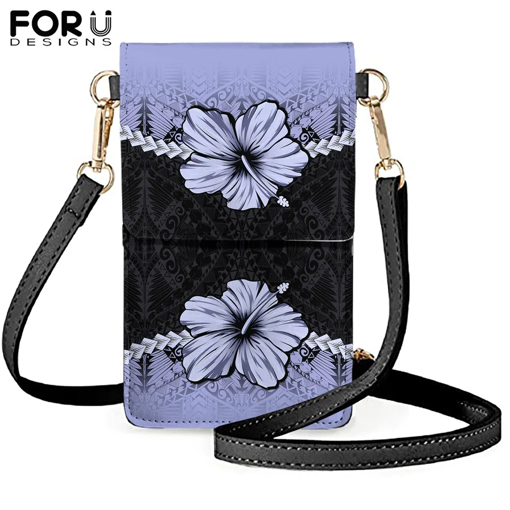 

FORUDESIGNS Purple Hibiscus Polynesian Tribe Print Mobile Phone Bags for Woman Small Crossbody Bag Girls Coin Money Handbag 2021