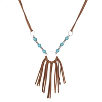 2022 fashion trendy jewelry suede chains turquoise beads choker collar velet tassel necklaces for cowgirl gift