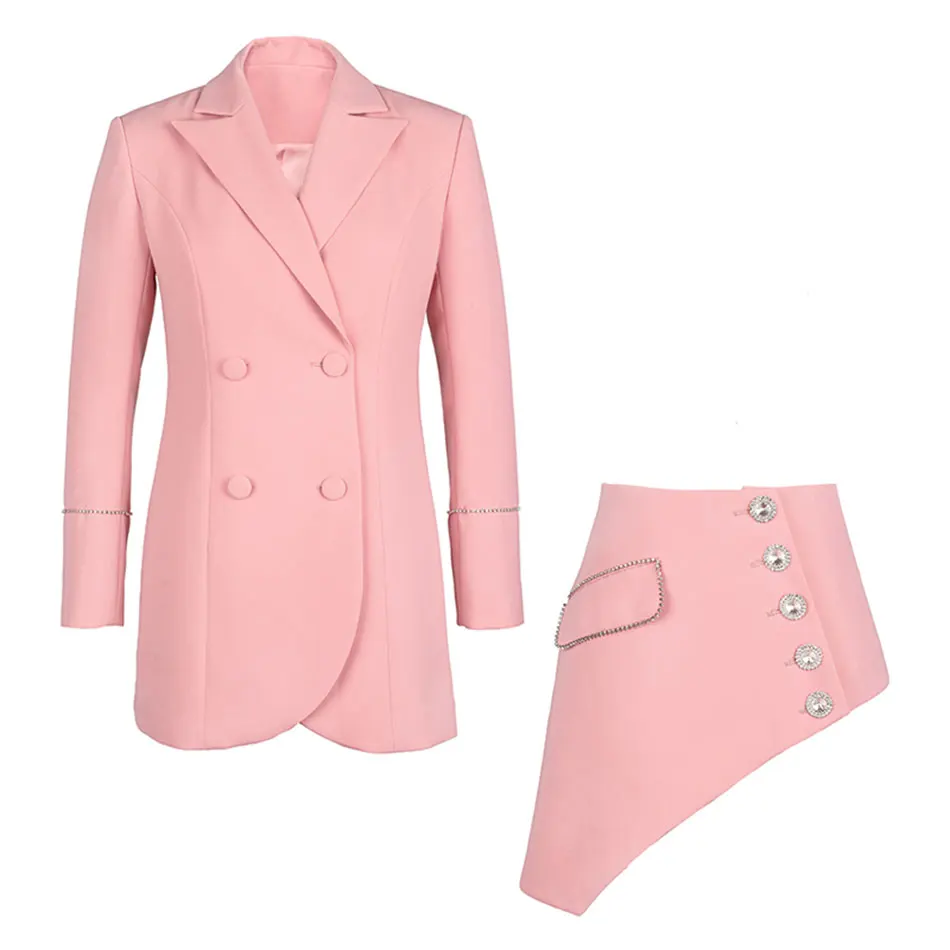 

Free Shipping 2020 Autumn New Women Dress Pink Sexy Lapel Double-breasted Diamond Slim Fit Suit Dress & Girdle Club Party Dress