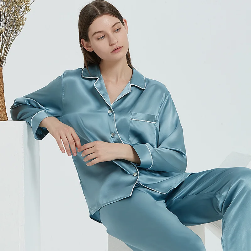 16 Momme Mulberry Silk Pyjama 100% Silk Luxury Long Sleeve Trouser Female Real Silk Homewear Summer Sleepwear Women Pijama