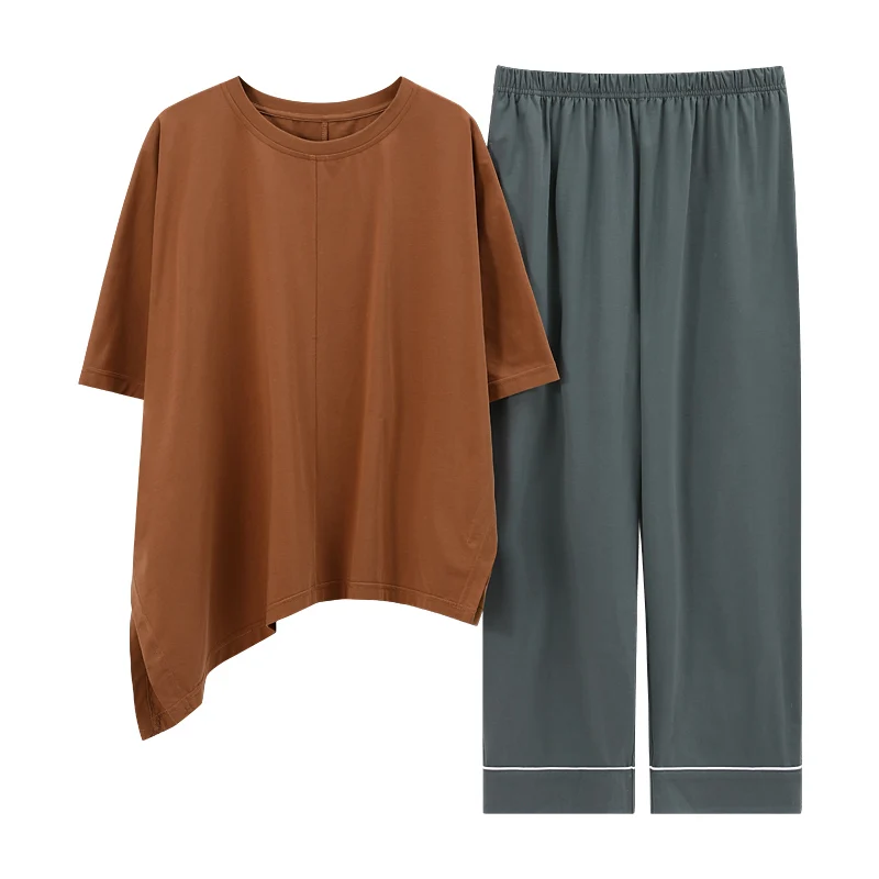 

Cotton Short Sleeve Sleepwear Comfortable Loose Leisure O-neck Summer Female Nightwear Asymmetry Unique Design Women Pajamas Set