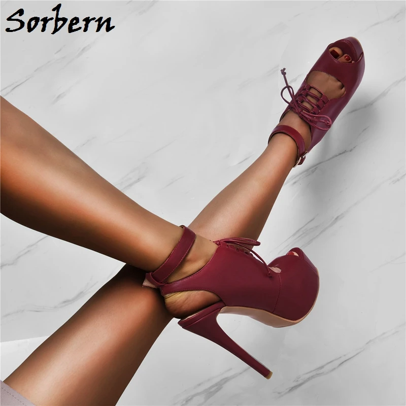 

Sorbern Deep Red Women Pumps Shoes Open Toe Buckle Strap High Heels Platform Lace Up Heels Designer Heels Pumps Party Shoes