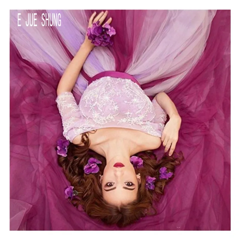 E JUE SHUNG Colorful Wedding Dresses Off Shoulder Half Sleeves Backless White and Purple Tulle Skirt Gown robe de mariee | Свадьбы и