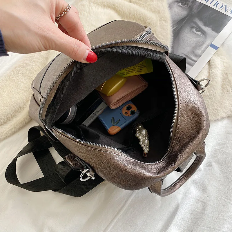 

Fashion Women's Travel Tote Backpack High Quality Leather Female School Backbag Solid Color Multifunction Lady Packbag Sac A Dos