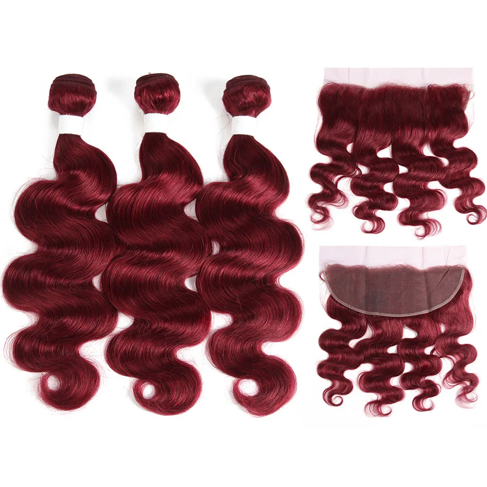Burgundy Объемная волна, фронтальная часть шнурка, человеческие волосы, 3 пряди EUPHORIA 99J/бордовый красный цвет, бразильские волосы Remy, пучок волос с закрытием 13x4 - Цвет: Burgundy
