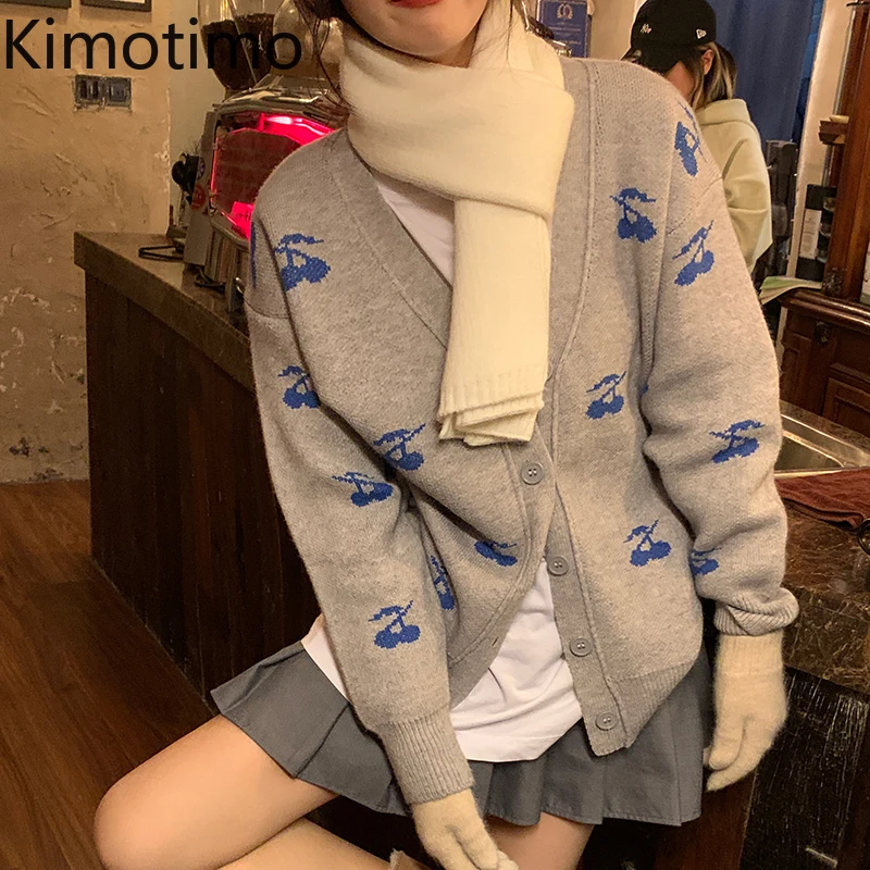 

Kimotimo Cherry Knit Cardigan Women Korean Chic Preppy Style V-neck Loose Sweater Coat Autumn Winter Long-sleeved Cute Cardigans