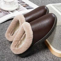 pu waterproof slippers men women winter plush keep warm flat home shoes woman soft comfort female shoes sewing interior slipper