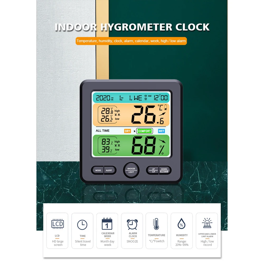 electronic clock can stand alarm clock thermometer indoor high precision digital color screen temperature and humidity meter free global shipping