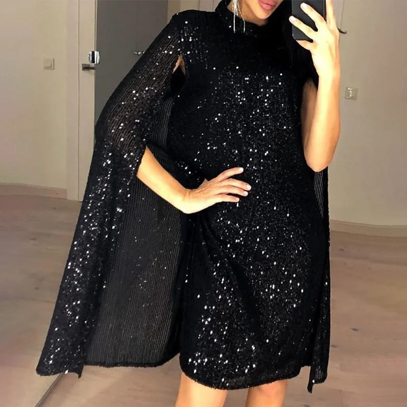 

New Sequin Party Mid-length Skirt Cape Women 2021 Summer Loose Elegant Fashion Cloak Ladies Clothes Women's Sexy Autumn Dresses