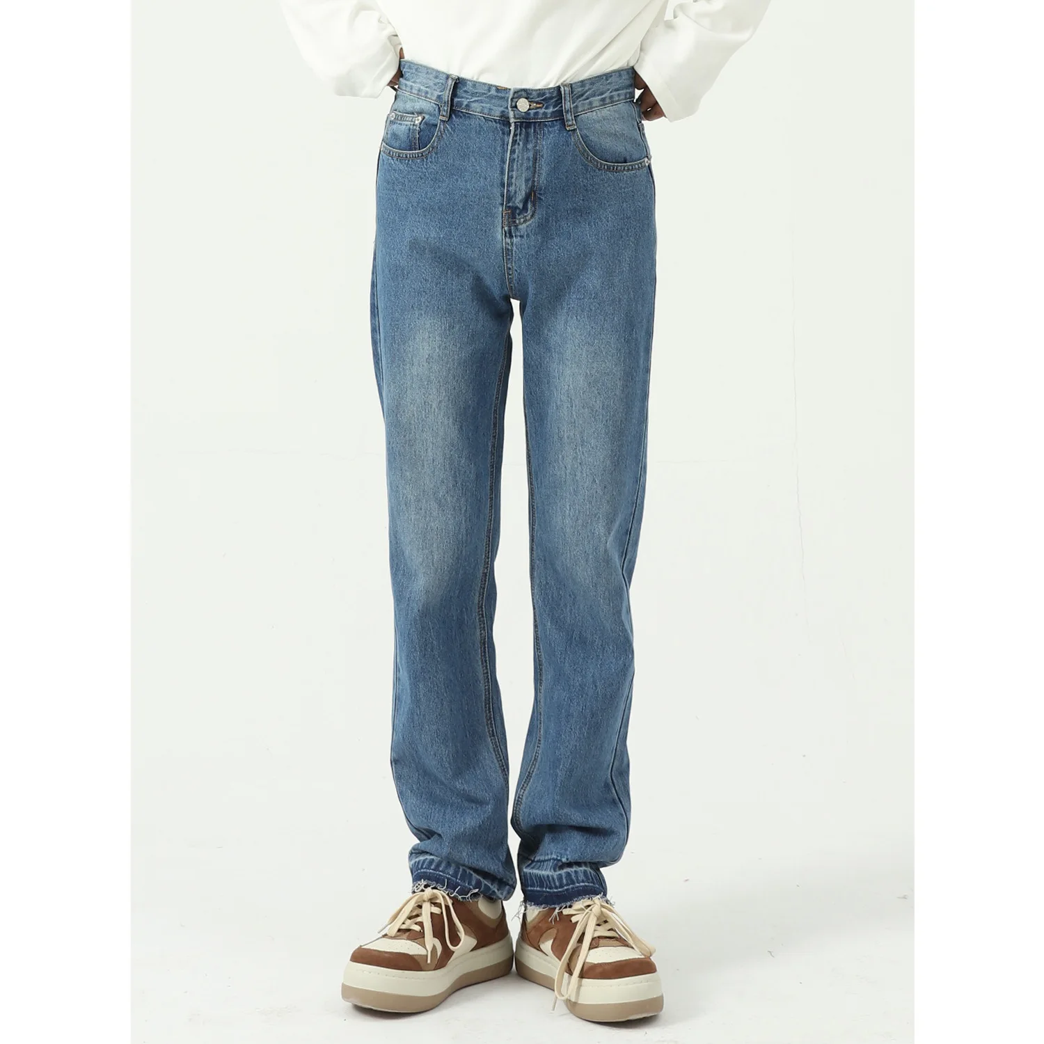 

Мужские джинсы с прямым поясом, повседневные синие джинсы с необработанными краями в Корейском стиле, весна-осень 2021