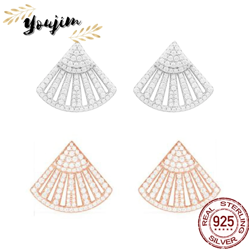 

New Women's Fan-shaped Zircon 925 Silver Stud Earrings Elegant Luxury Monaco Exquisite Jewelry Gift