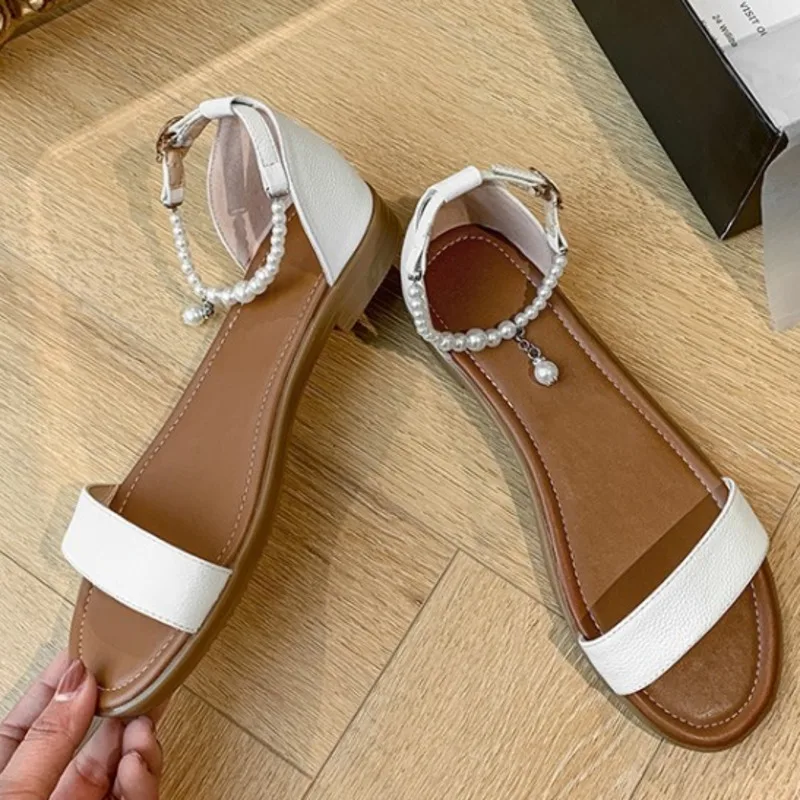 

Black Sandals Shoes Women 2021 New Summer One Word Tape Pearl Ankle Strap Fashion Sandals Concise Ladies Shoes Zapatos De Mujer