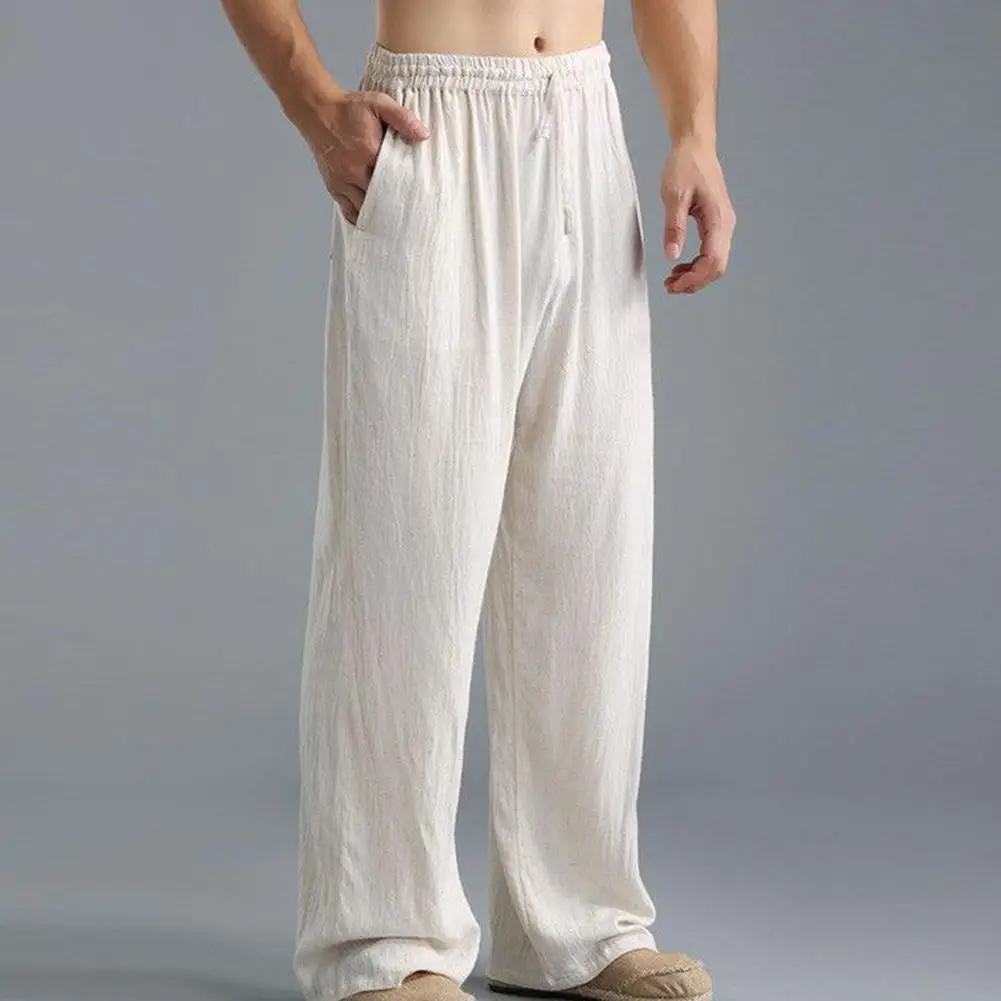 Мужские длинные брюки размера плюс из хлопка и льна свободные прямые с
