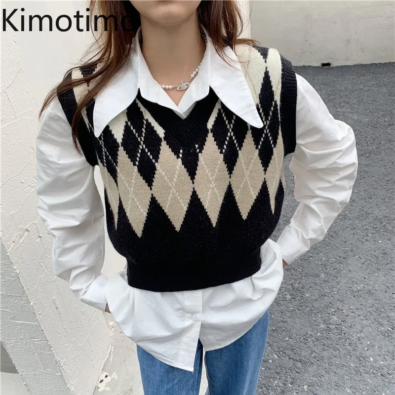 

Kimotimo Argyle Sweater Vest Women V-neck All-match Cropped Waistcoat Korean Fashion Overlap Sleeveless Knitted Vests Vestidos