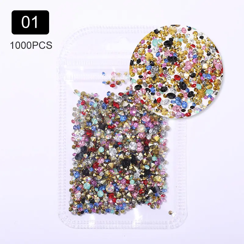 1 1000PCS/Bag Irregular AB Colorful Nail Rhinestones Flat Bottom Mixed Size Nail Studs Nail Art 3D DIY Decorations - Color: 1