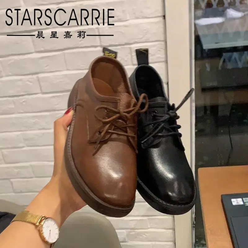 

Женская обувь, Новинка осени 2021, модные универсальные маленькие кожаные туфли, британская ретро обувь на плоской подошве, кожаные туфли на ш...