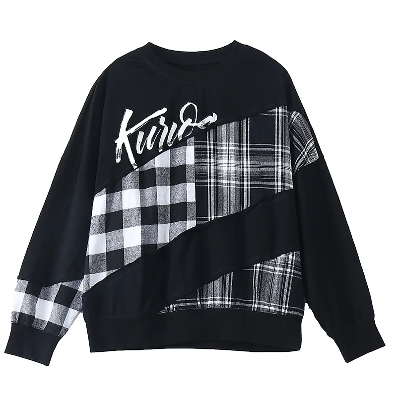

Vefadisa Black Plaid Patchwork Women Sweatshirt 2021 Spring Fashion Casual Long Sleeve Top Plus Size Pullover Coat Loose QYF5003