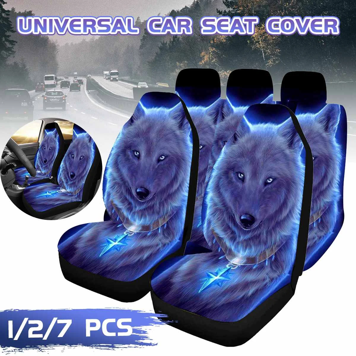 Car Seat Cover Set Thicker Section 3D Wolf Pattern Polyester Universal All-inclusive Elastic Auto Interior Parts Accessories