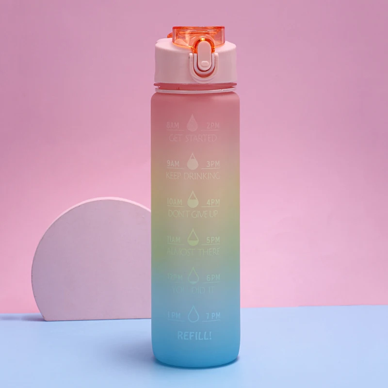 1000 ML Water Bottle With Bounce Cover Time Scale Reminder Frosted Leakproof Cup Rainbow Gradient Outdoor Sports |
