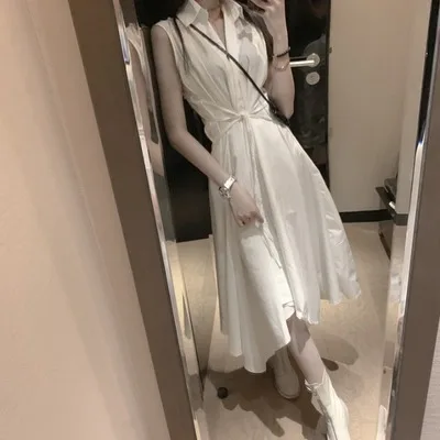 Новинка 2020 юбка-рубашка выше колена темное платье без рукавов для девушек Модная