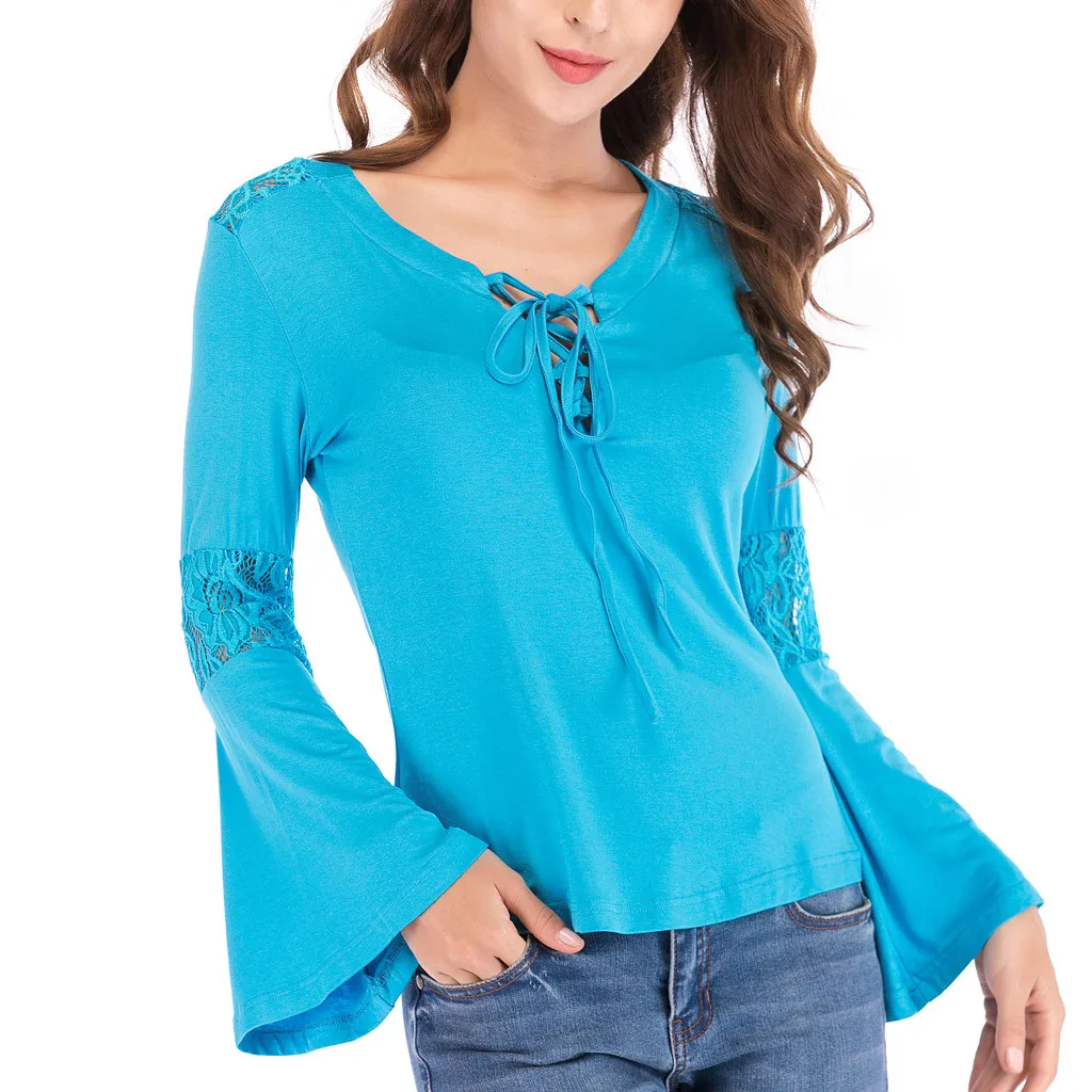 

FREE OSTRICH Womens Tops And Blouses Solid Color Bandage Stitching Lace Bell Sleeve Sexy Autumn And Winter Blouses Woman 2019
