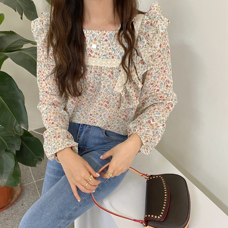 

French Square Collar Floral Chiffon Shirt for Women 2021 New Spring Design Sweet Elegant Loose Long Sleeve Top