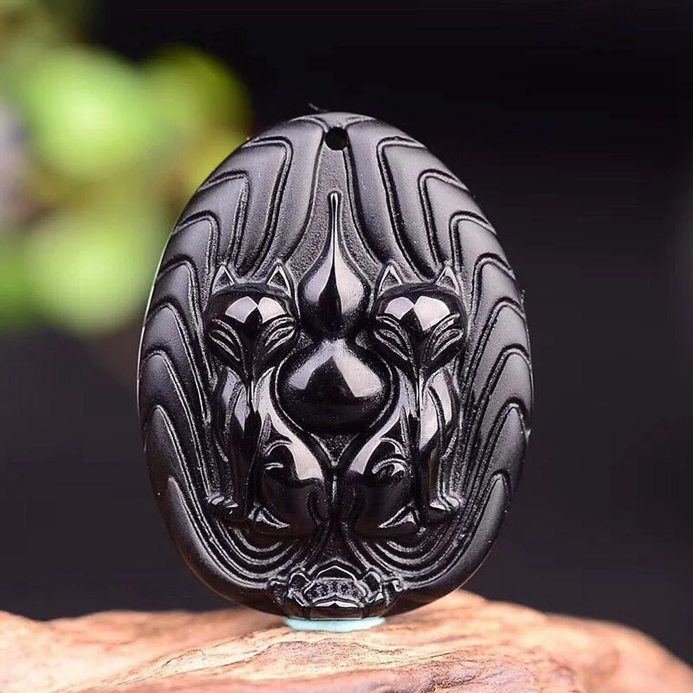 

Natural frosted obsidian pendant with double fox charm charm 38*32*10MM
