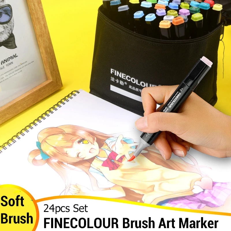 Набор маркеров Finecolour с мягкой кистью, профессиональные спиртовые чернила, школьные принадлежности, аксессуары для детей, 24 шт.