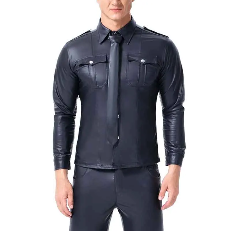 Черная Мужская футболка из искусственной кожи с длинным рукавом футболки