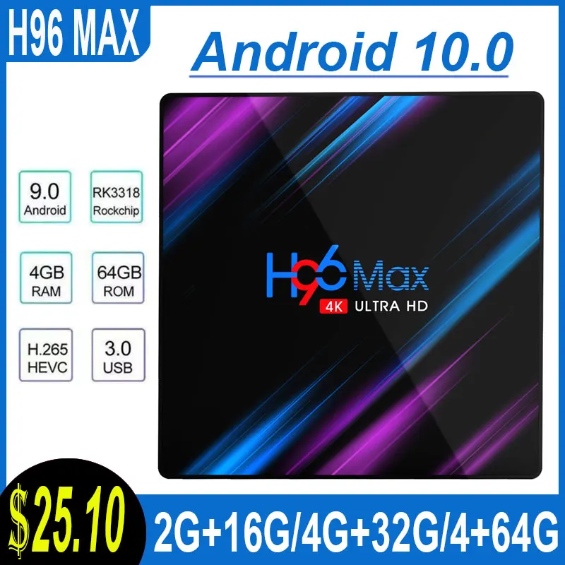 Android 10 0 Smart TV Box H96 max RK3318 четырехъядерный BT4.0 для телеприставки youtube 4K HD 4G RAM 64G ROM media