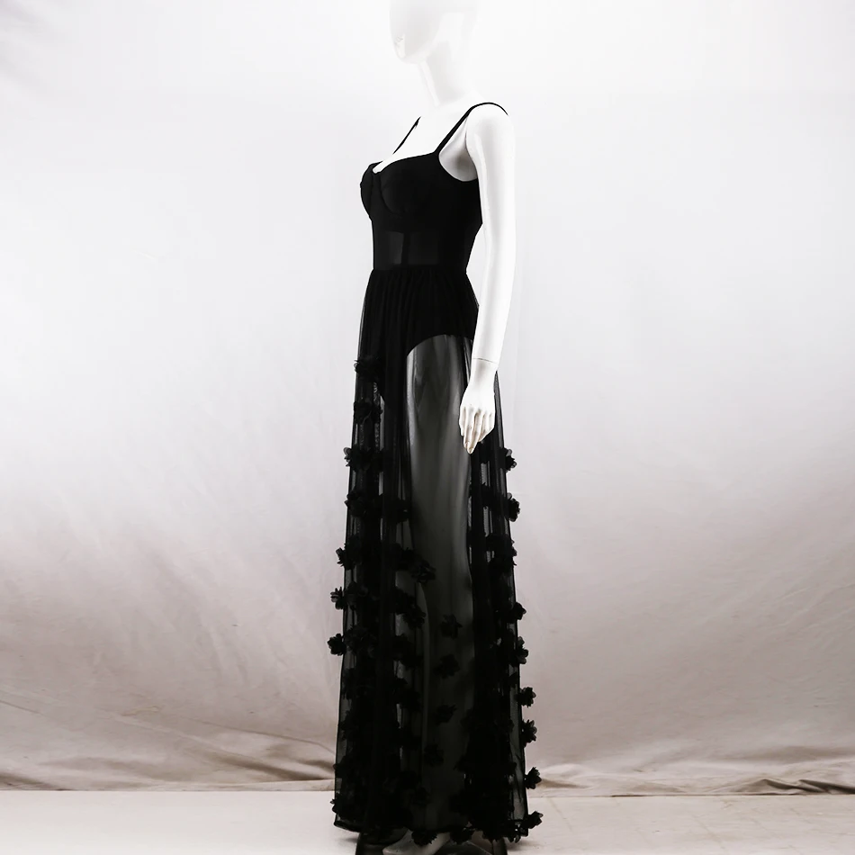 2020 новые летние Для женщин спагетти черный платье из сетчатой ткани с цветочным