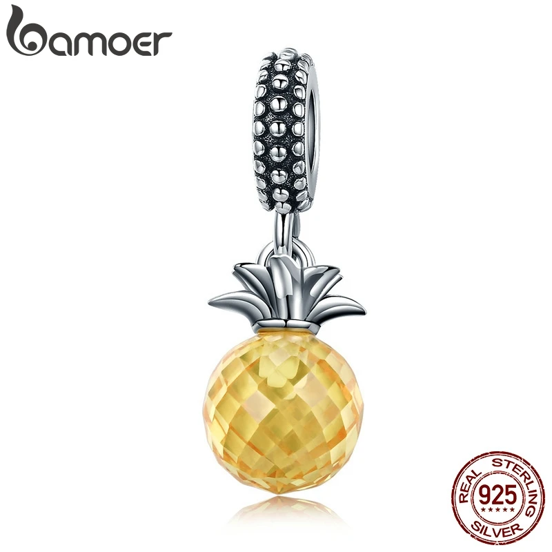 BAMOER, 925 пробы, серебряный, летний, желтый, ананас из кристаллов CZ, подвеска, бусины, подходит для браслетов, DIY, ювелирное изделие, подарок SCC150